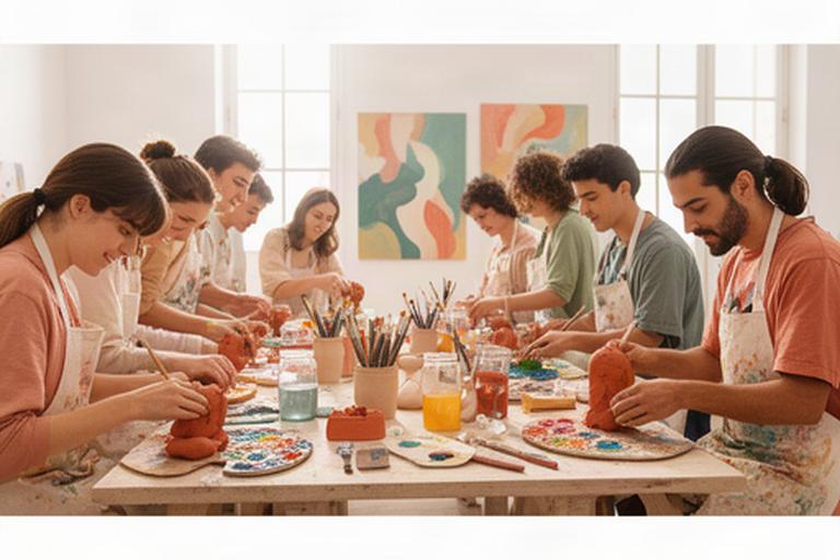 Jóvenes y adultos trabajando con pintura y arcilla en un taller luminoso de Villacarrillo