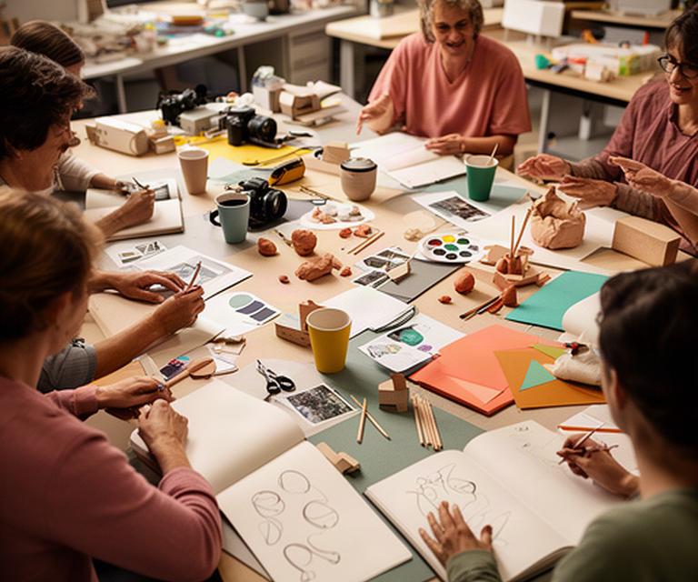 Participantes compartiendo bocetos y materiales artísticos alrededor de una mesa de trabajo