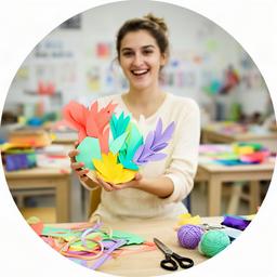 Joven participante mostrando una manualidad colorida en el aula