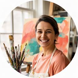 Participante sonriendo junto a un lienzo en un taller de pintura